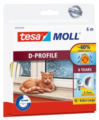 Ajtó- és ablaktömítő szalag, 9 mm x 6 m, TESA "tesamoll® D profil", fehér